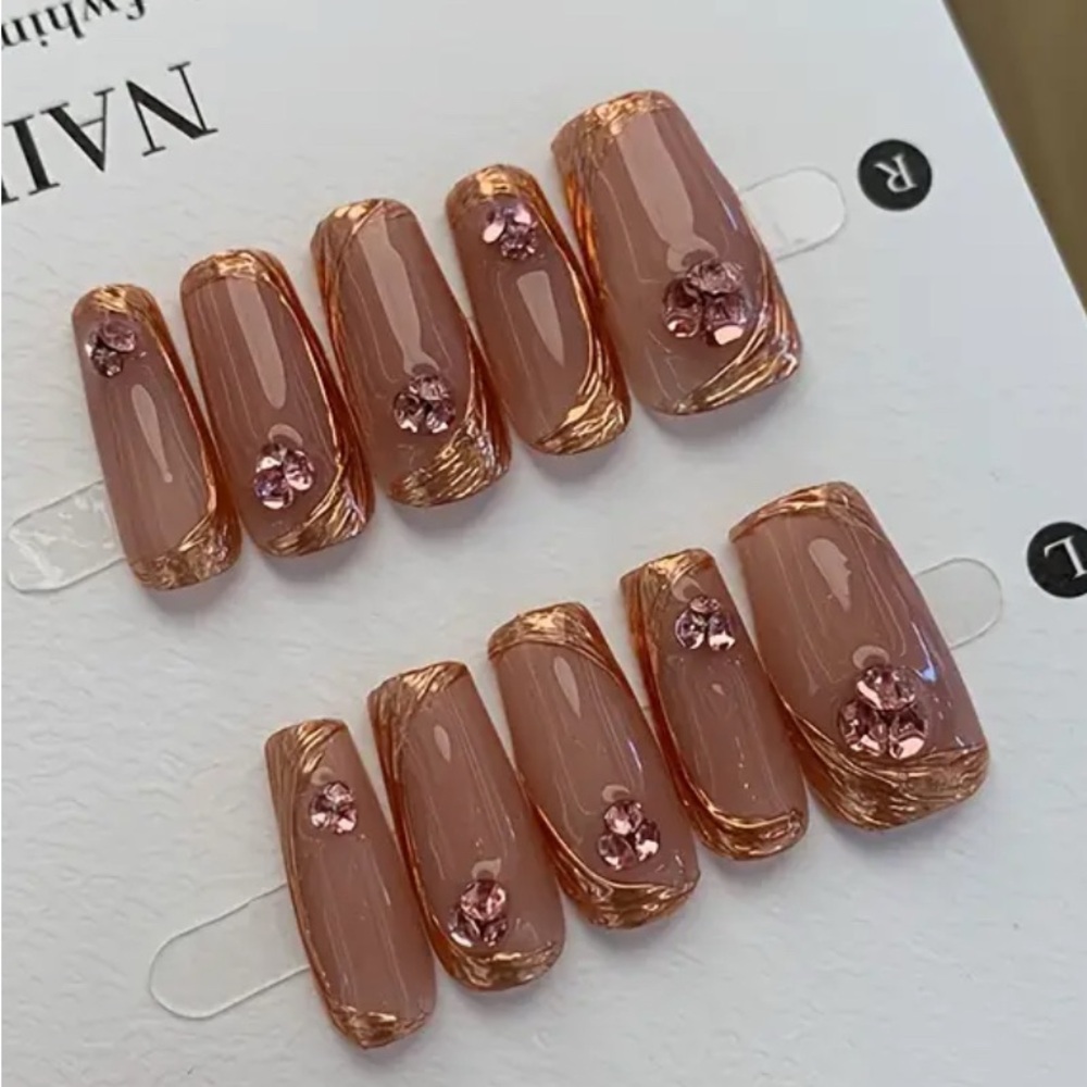Elegant Pink Diamond & Gold Press On Nail Art reusable medium 10 pc NWT